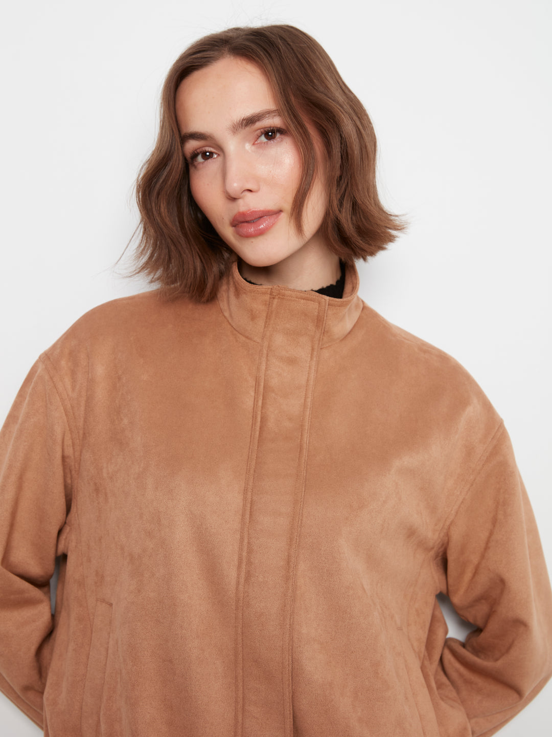 Front Zip Faux Suede Leather Jacket with Front Pockets