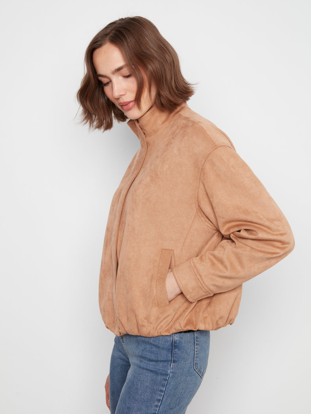Front Zip Faux Suede Leather Jacket with Front Pockets