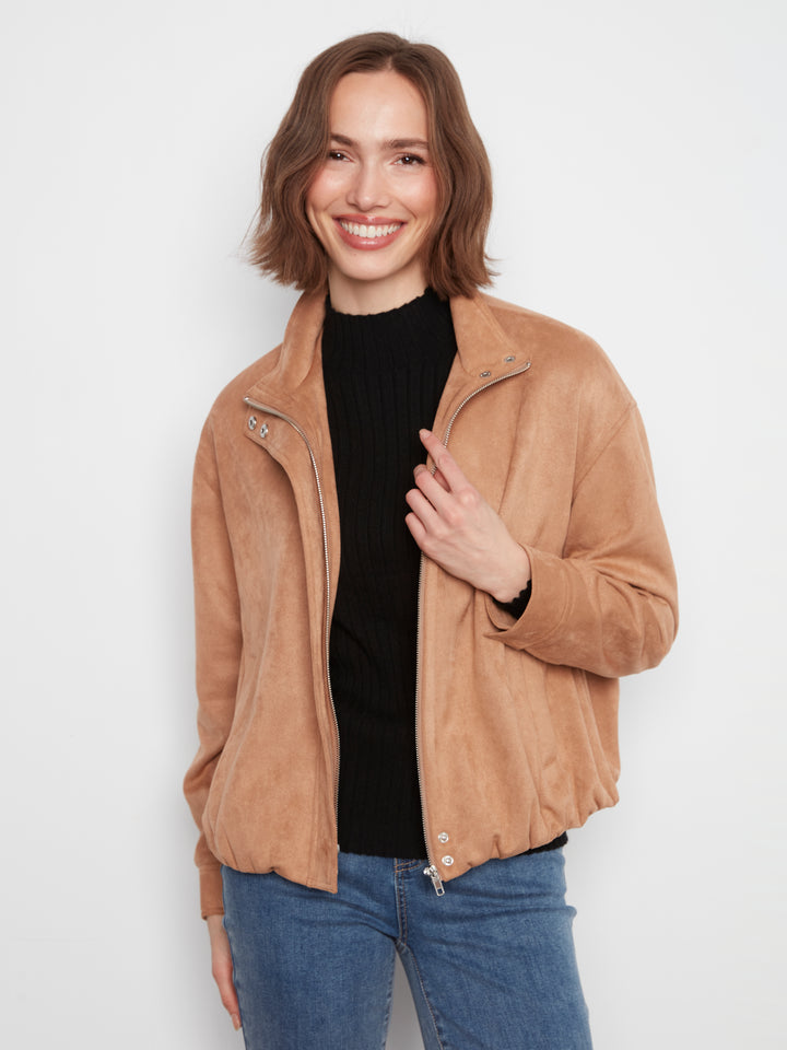 Front Zip Faux Suede Leather Jacket with Front Pockets