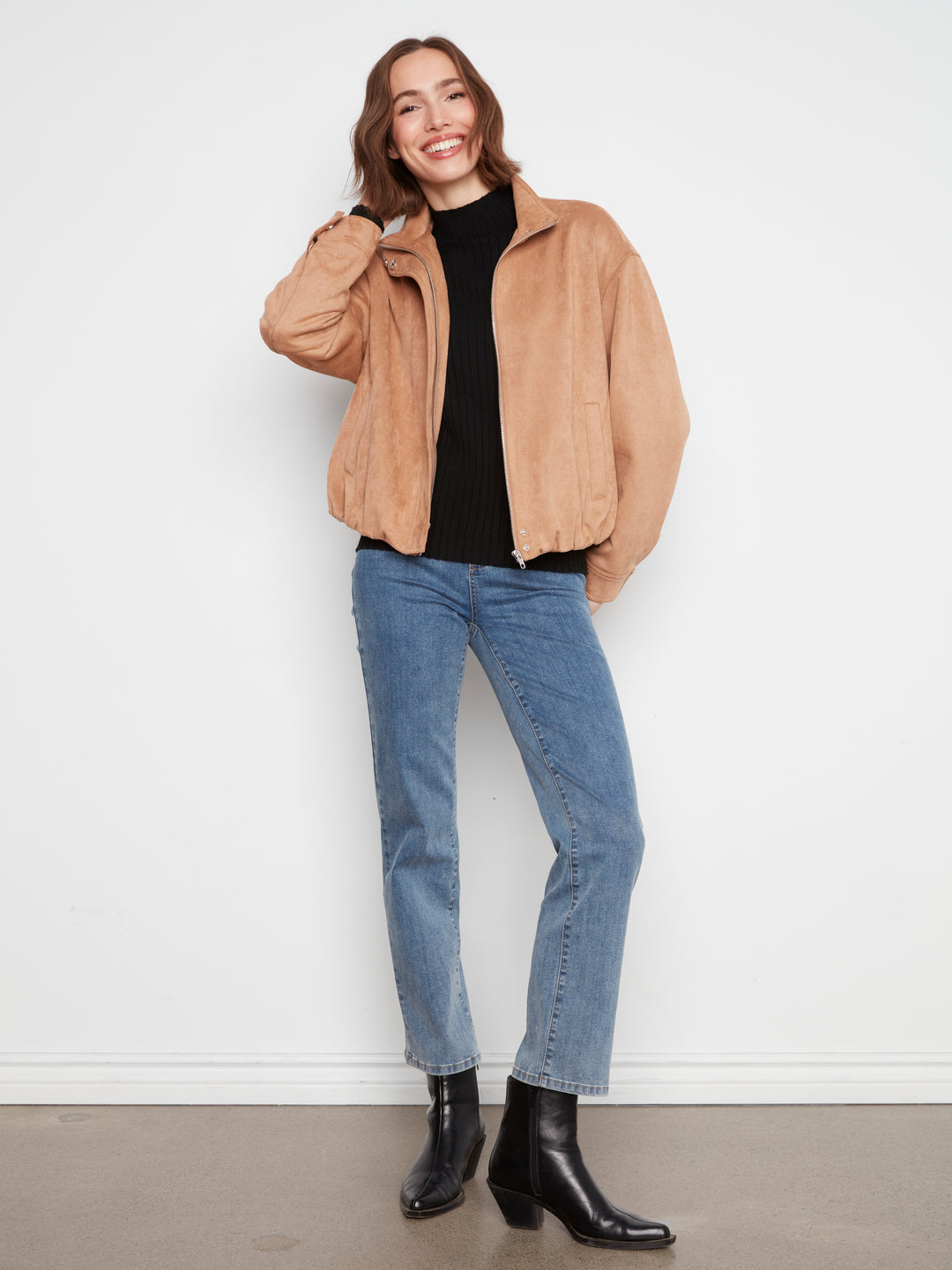 Front Zip Faux Suede Leather Jacket with Front Pockets