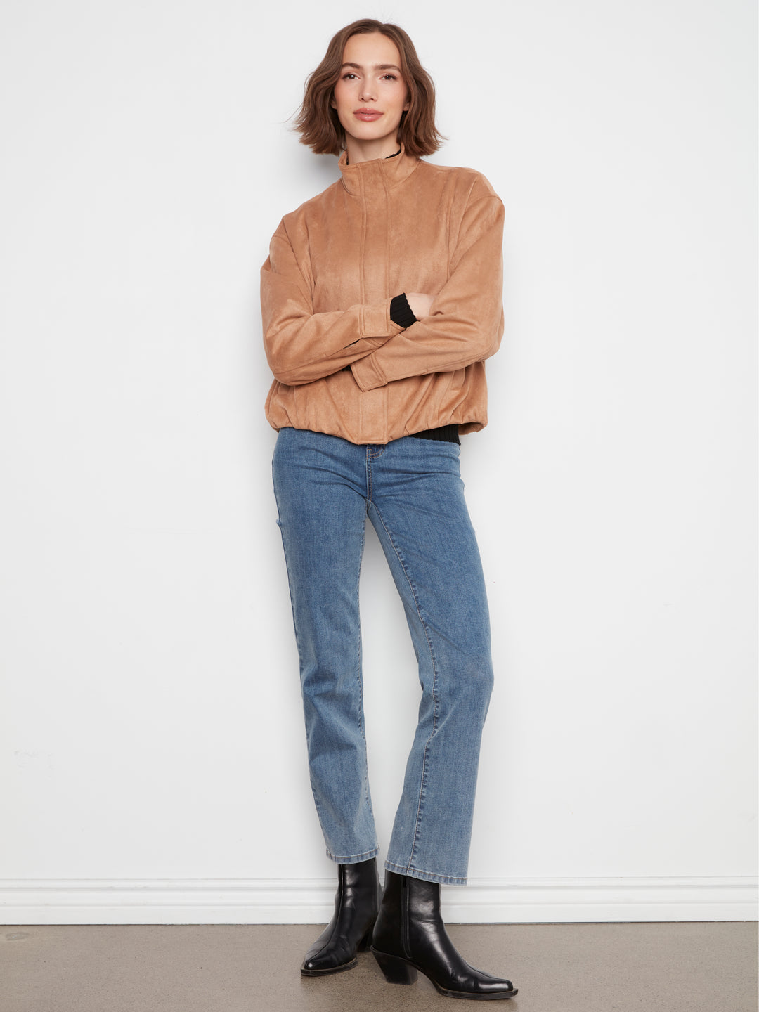 Front Zip Faux Suede Leather Jacket with Front Pockets