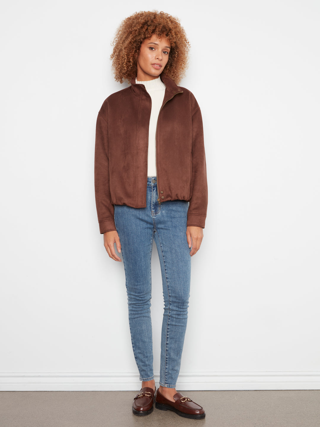 Front Zip Faux Suede Leather Jacket with Front Pockets
