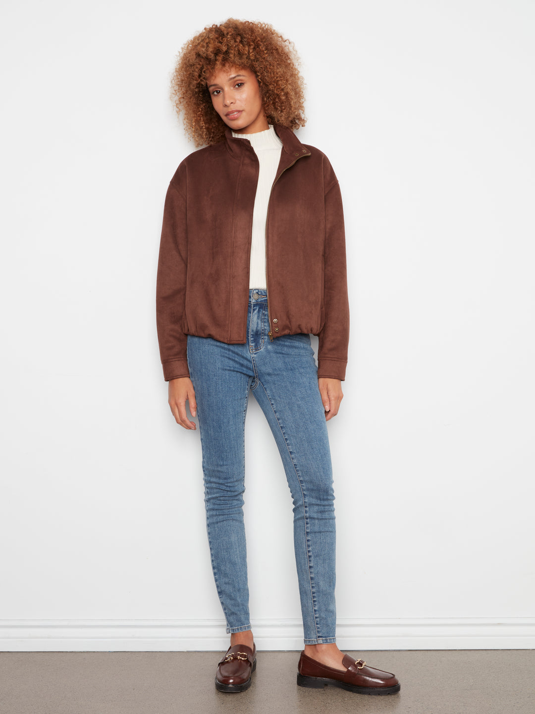 Front Zip Faux Suede Leather Jacket with Front Pockets