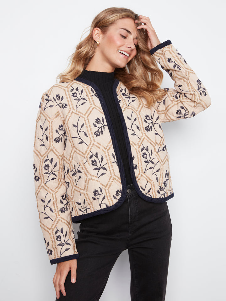 Embroidered Puffer With  Edge Binding