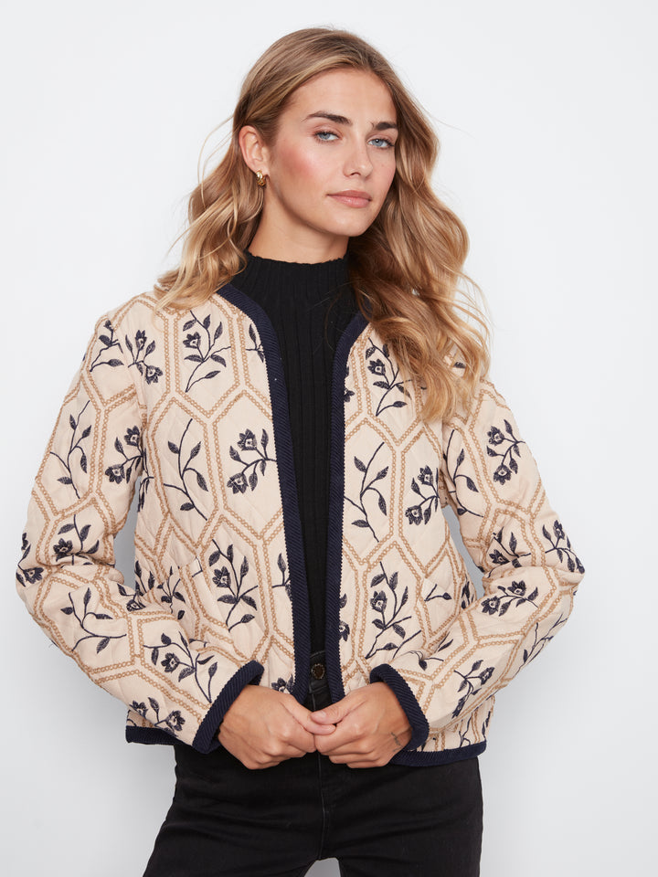 Embroidered Puffer With  Edge Binding