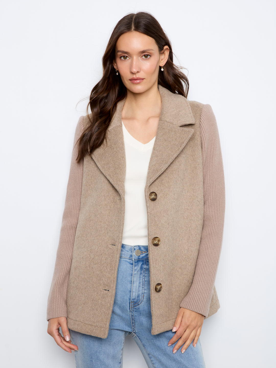 Wool Blend Notched Lapel Jacket with Rib Sleeve