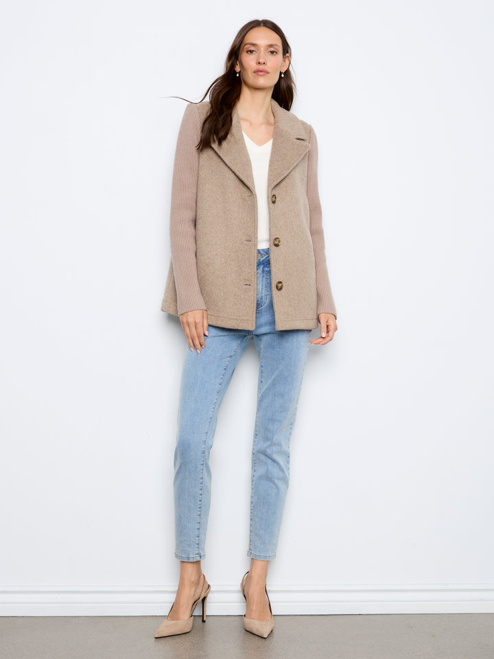 Wool Blend Notched Lapel Jacket with Rib Sleeve