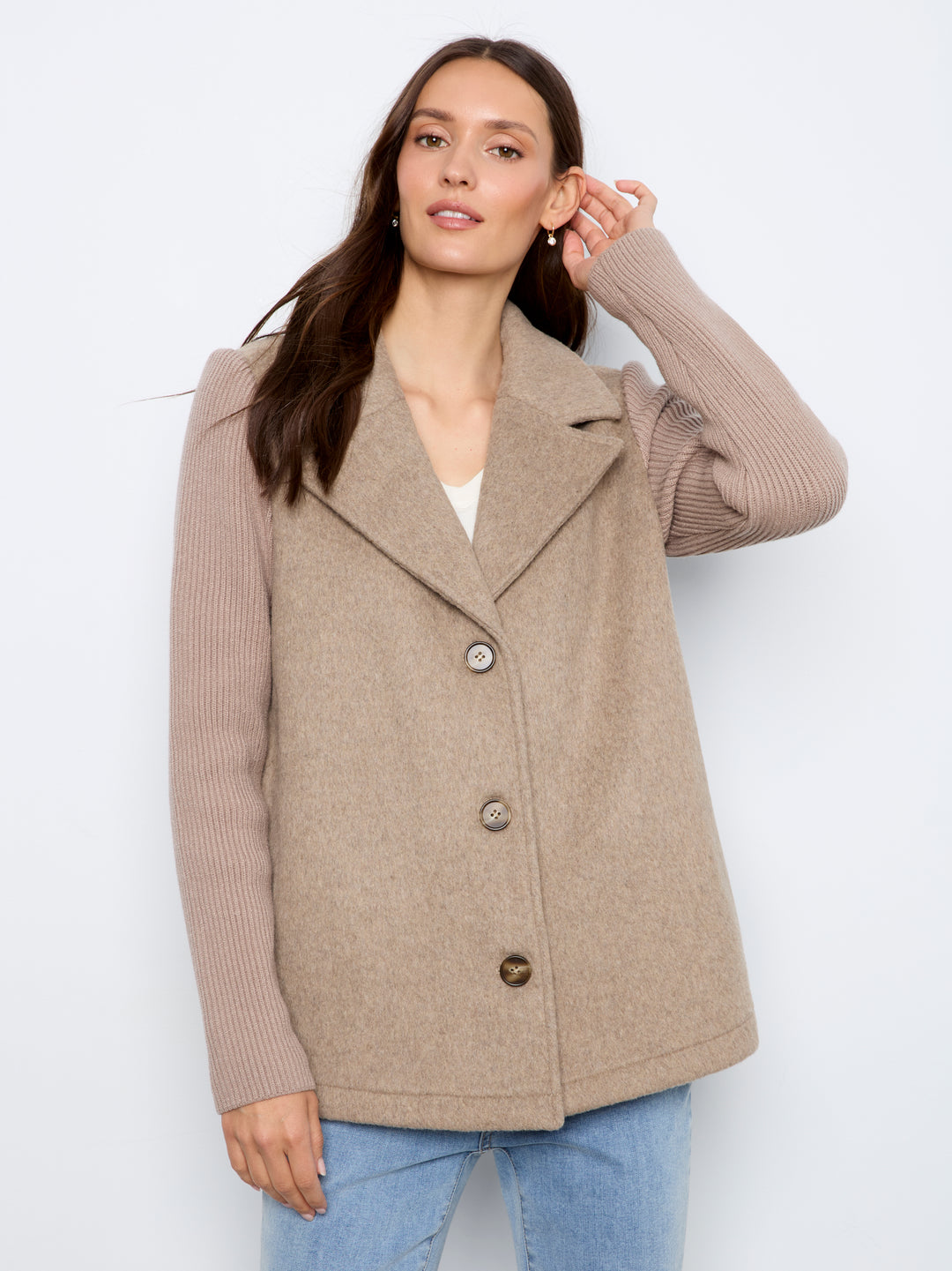 Wool Blend Notched Lapel Jacket with Rib Sleeve