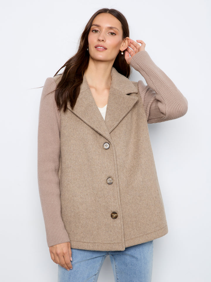 Wool Blend Notched Lapel Jacket with Rib Sleeve