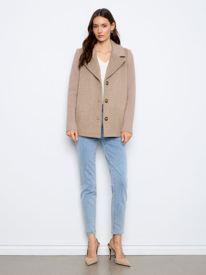 Wool Blend Notched Lapel Jacket with Rib Sleeve