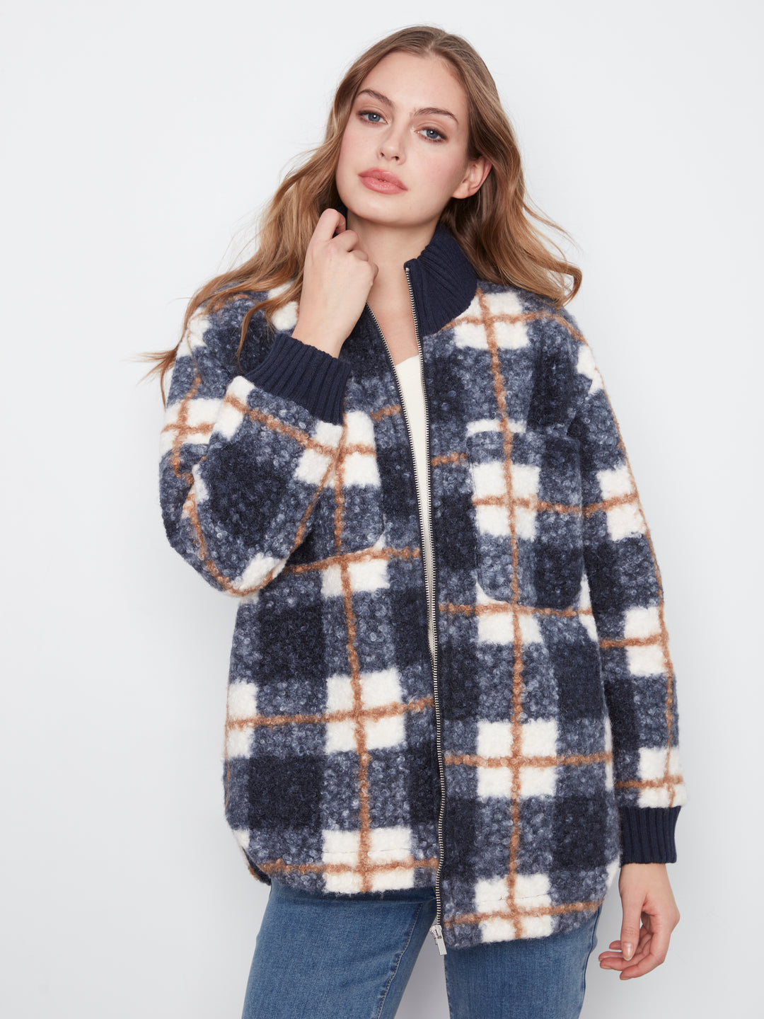 Fuzzy Plaid Jacket with Round Hem
