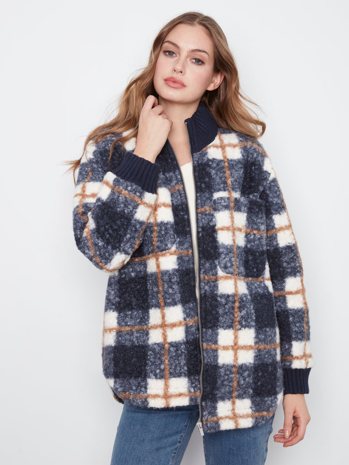 Fuzzy Plaid Jacket with Round Hem