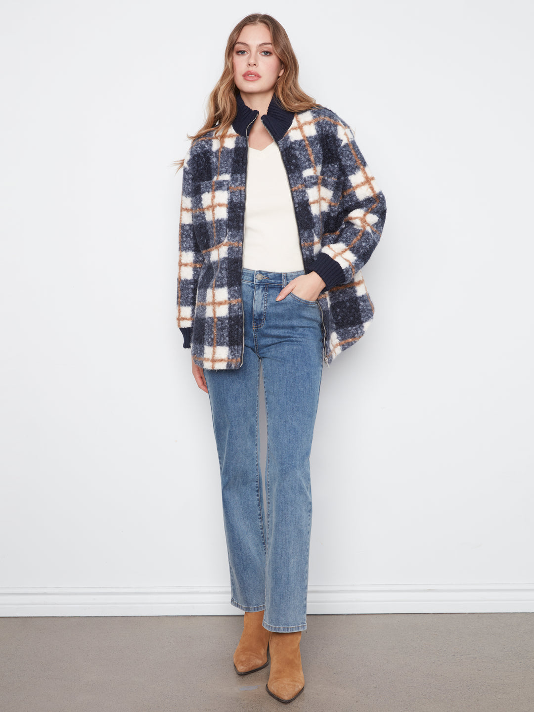 Fuzzy Plaid Jacket with Round Hem