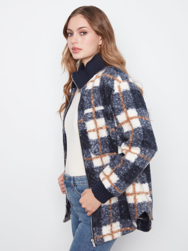 Fuzzy Plaid Jacket with Round Hem