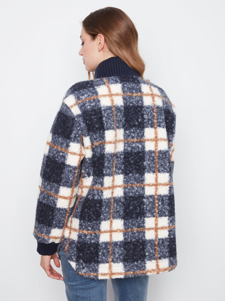 Fuzzy Plaid Jacket with Round Hem