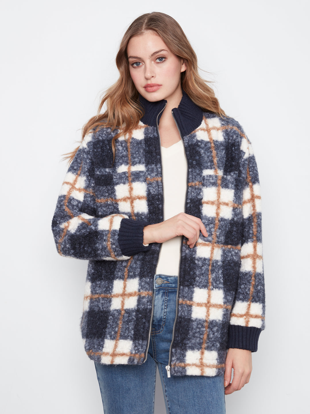 Fuzzy Plaid Jacket with Round Hem