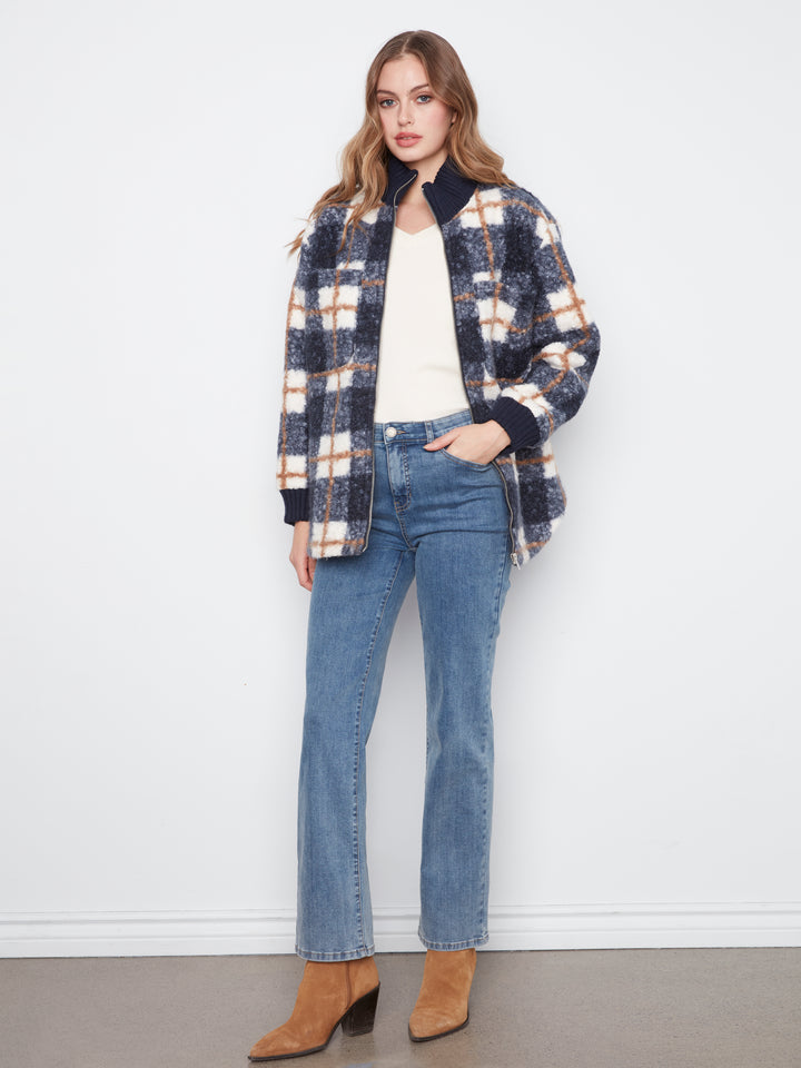 Fuzzy Plaid Jacket with Round Hem