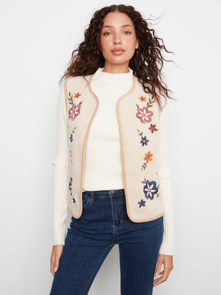 Sherpa/Suede Reversible Vest w Embroidery