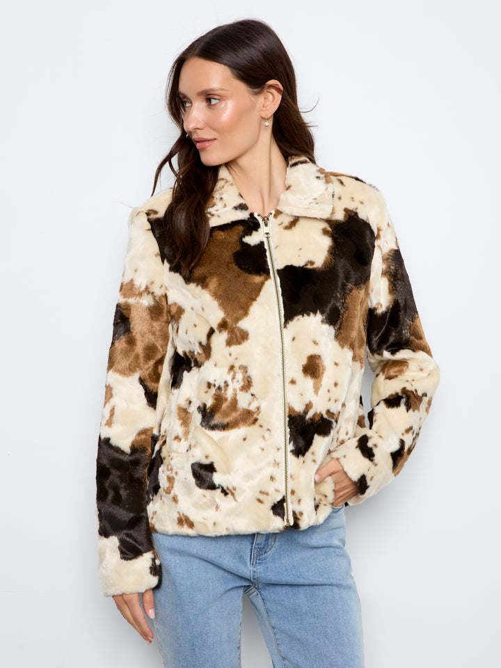 Long Sleeve Fur Jacket in Cow Pattern