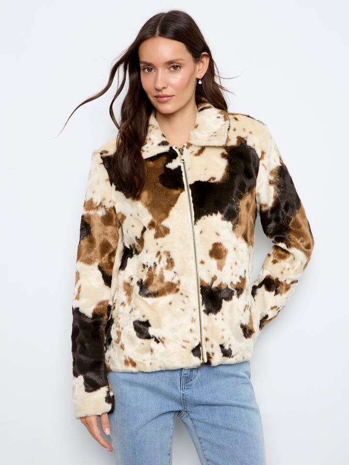 Long Sleeve Fur Jacket in Cow Pattern