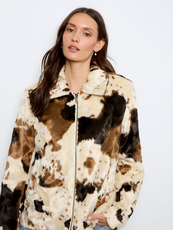 Long Sleeve Fur Jacket in Cow Pattern