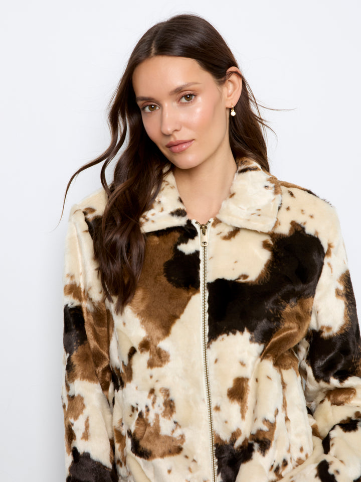 Long Sleeve Fur Jacket in Cow Pattern