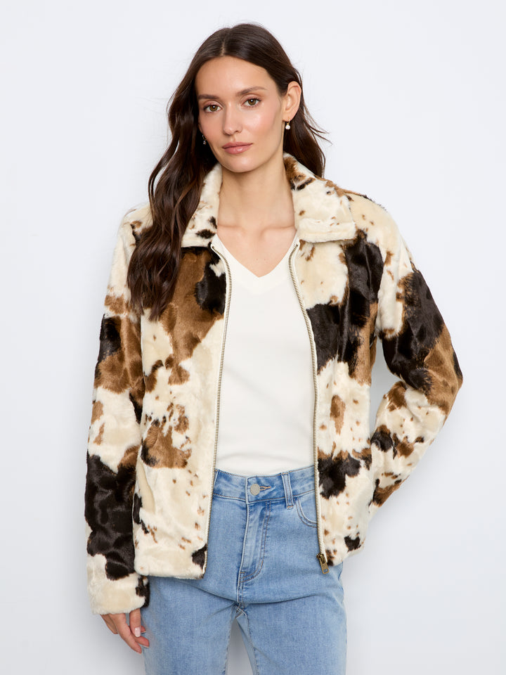Long Sleeve Fur Jacket in Cow Pattern
