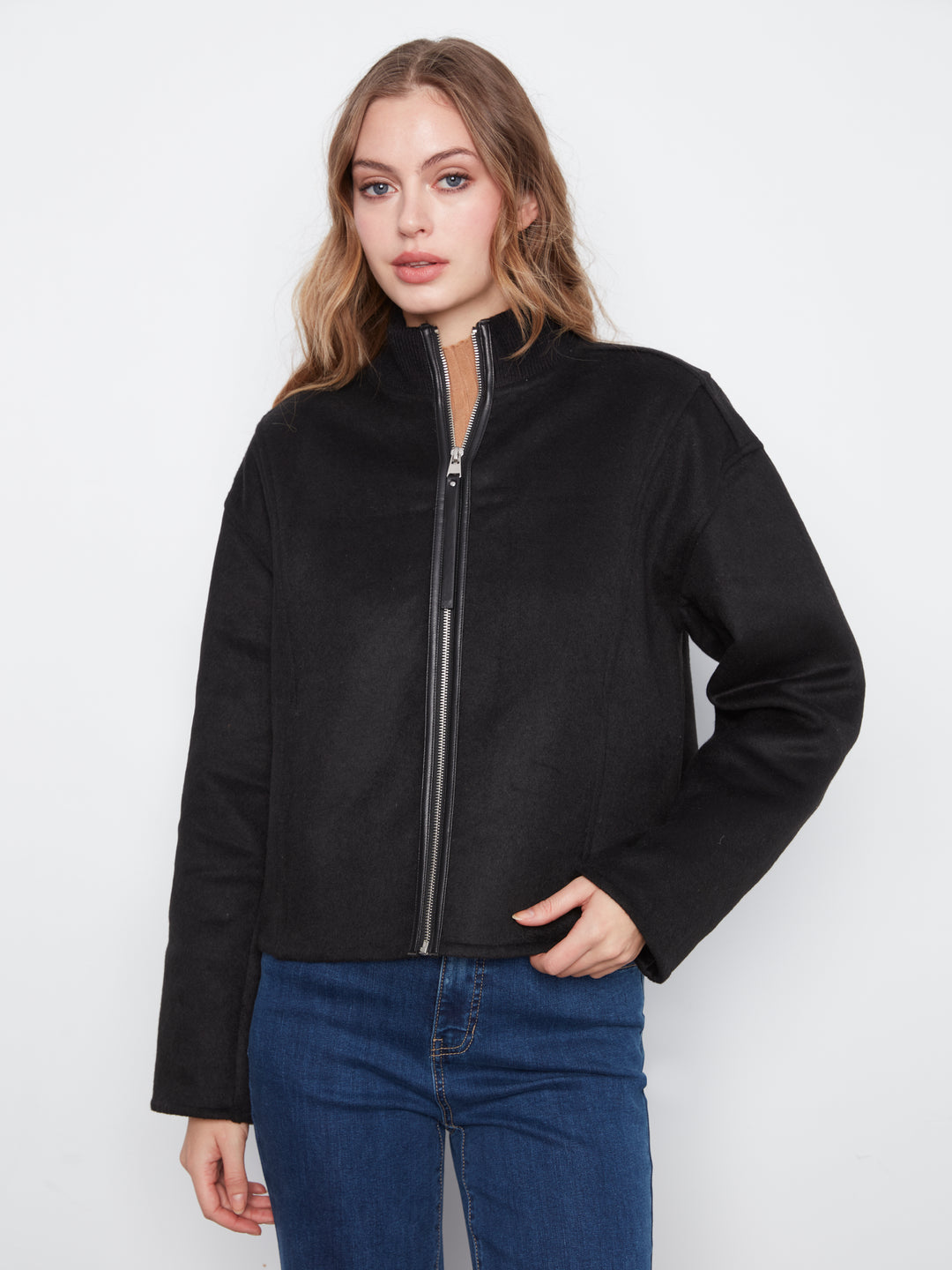 Wool Bomber Jacket with Zipper at Front