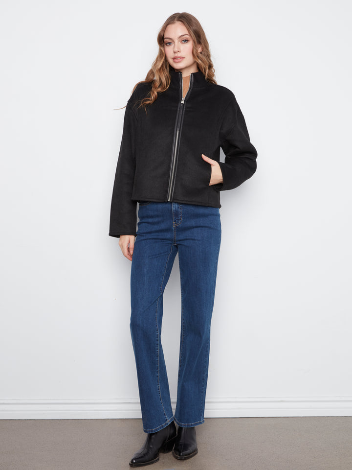 Wool Bomber Jacket with Zipper at Front