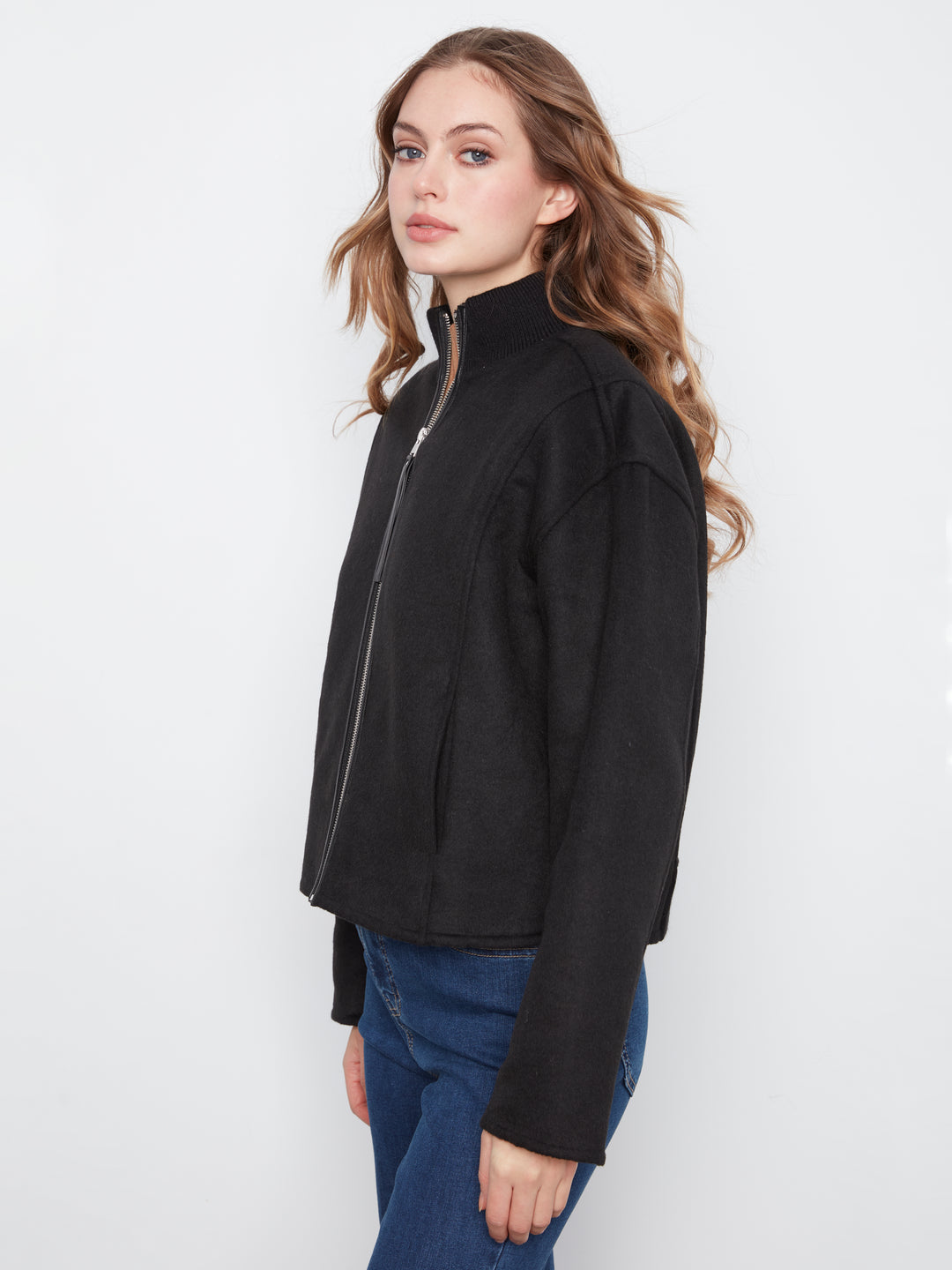 Wool Bomber Jacket with Zipper at Front