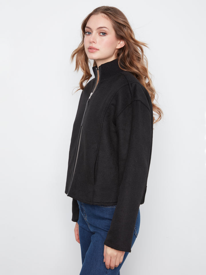 Wool Bomber Jacket with Zipper at Front