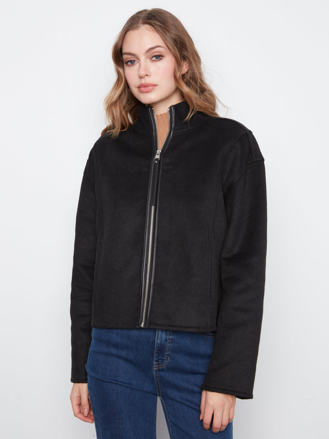 Wool Bomber Jacket with Zipper at Front
