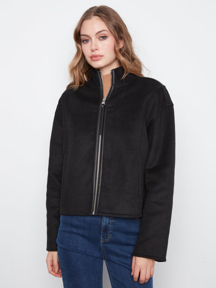 Wool Bomber Jacket with Zipper at Front