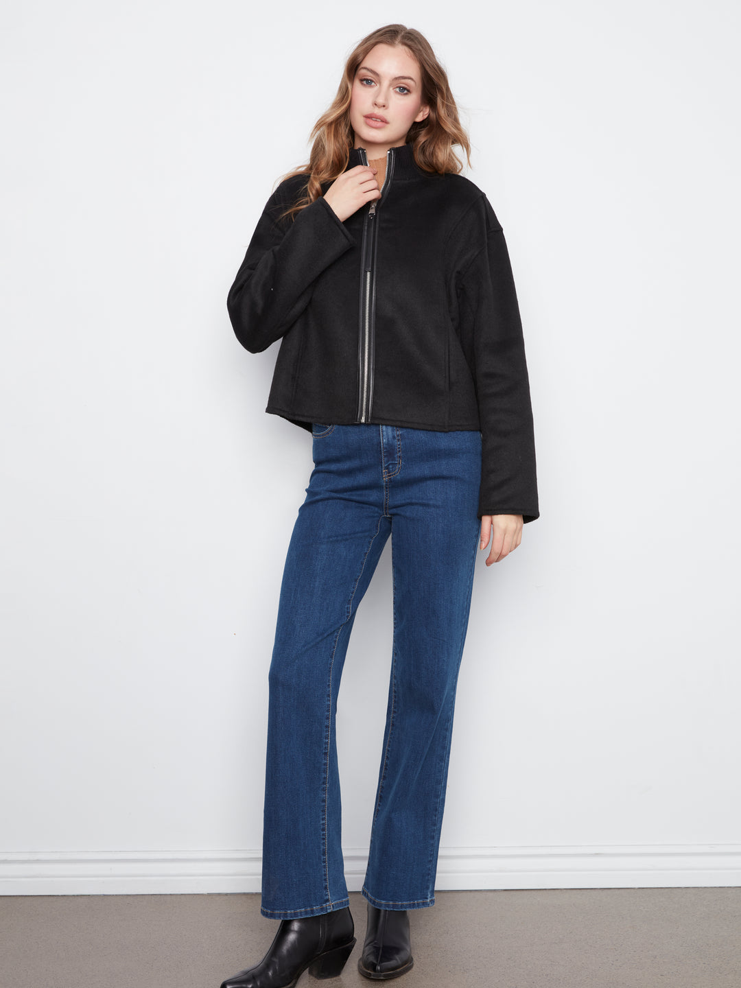 Wool Bomber Jacket with Zipper at Front