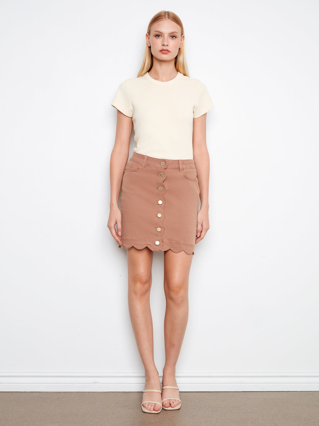 Scalloped Hem Button-Front Colored Twill Skort
