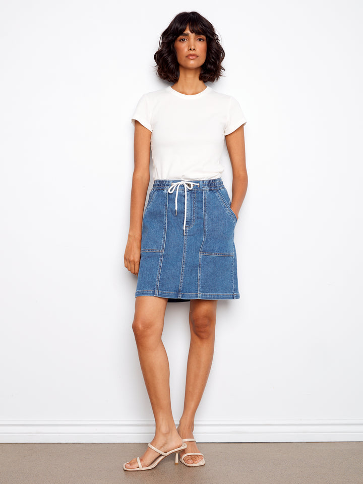 Drawstring Denim Skort With Patch Pockets