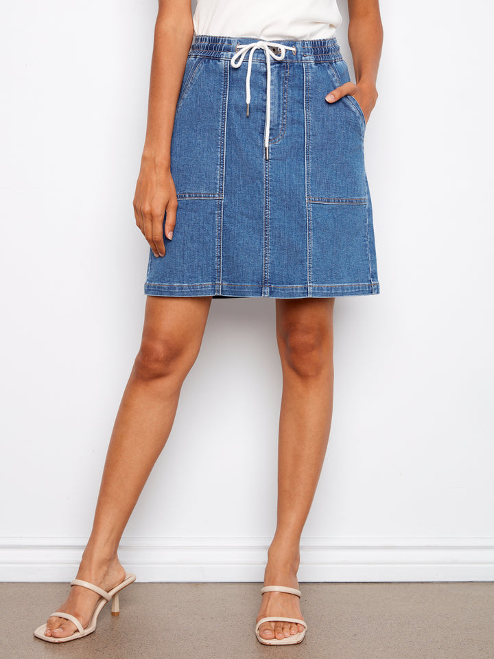 Drawstring Denim Skort With Patch Pockets