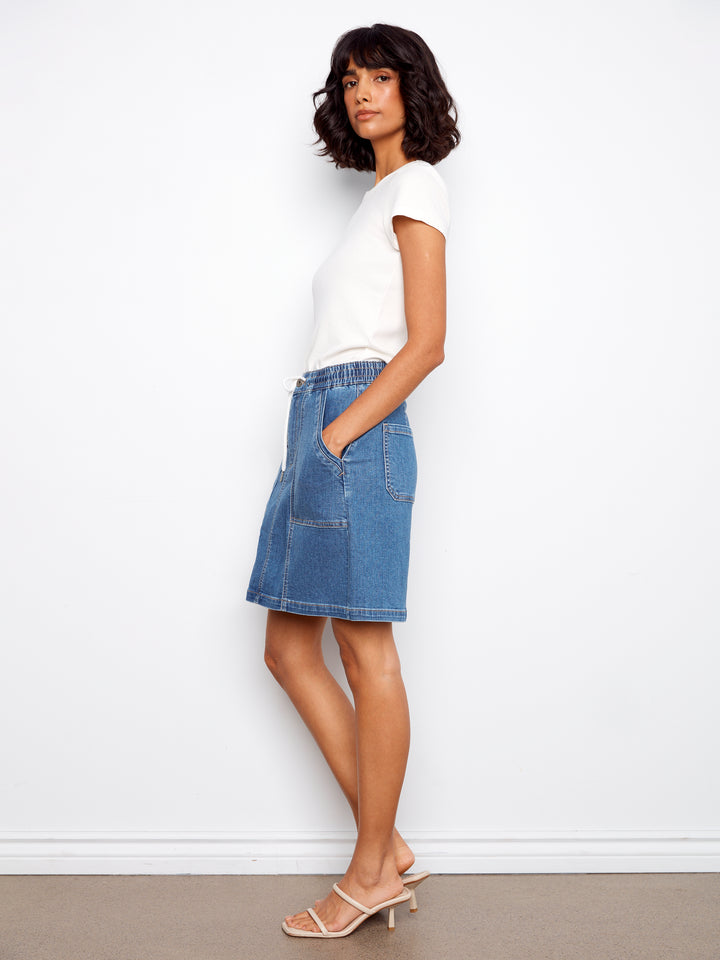Drawstring Denim Skort With Patch Pockets