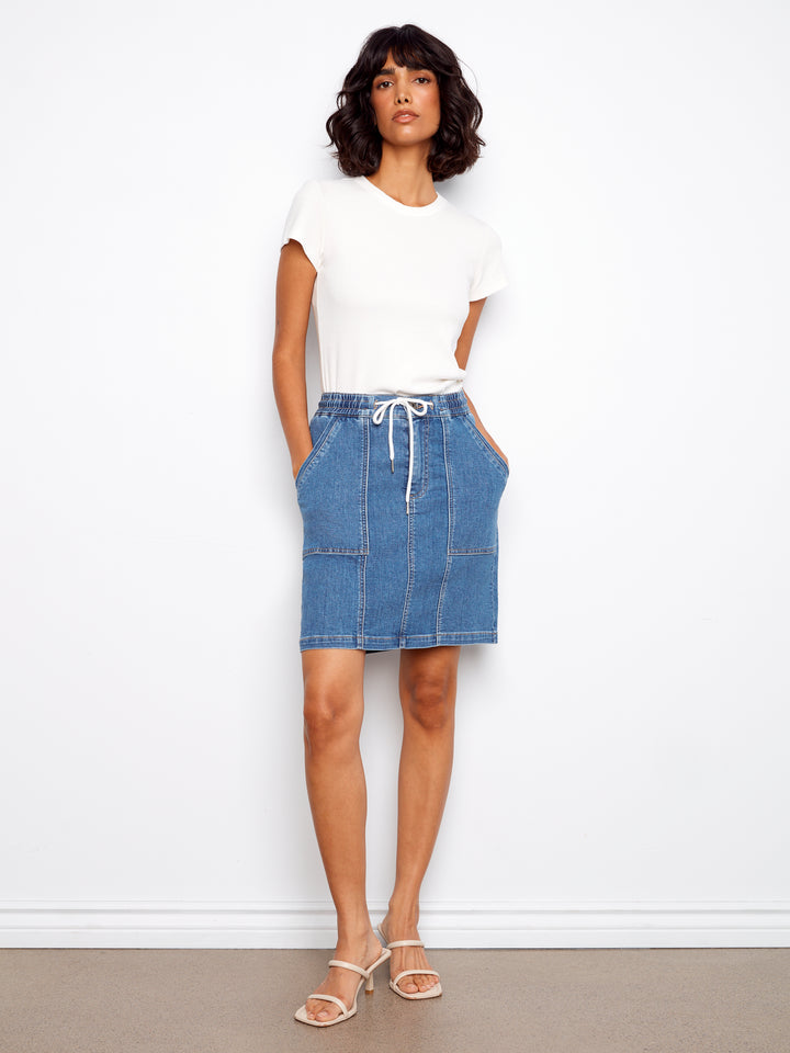 Drawstring Denim Skort With Patch Pockets