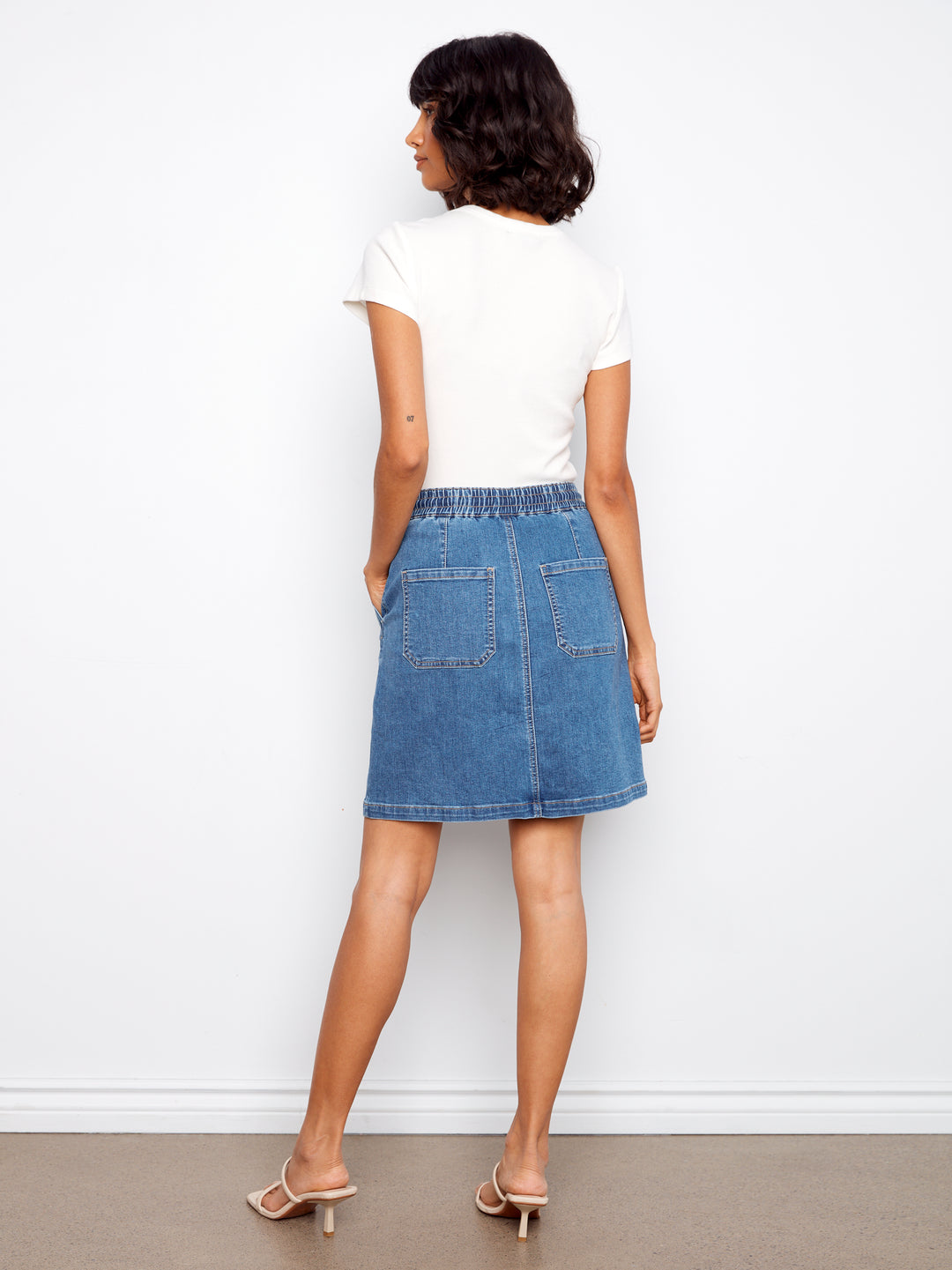 Drawstring Denim Skort With Patch Pockets