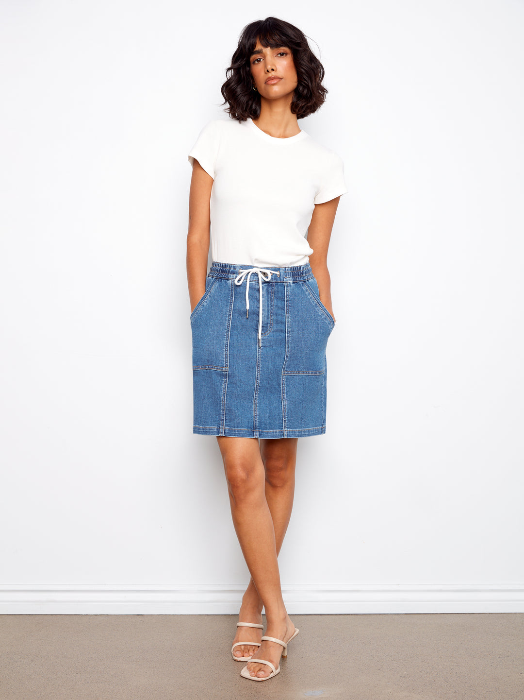 Drawstring Denim Skort With Patch Pockets