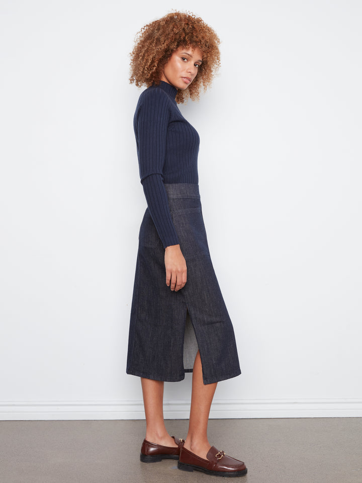 Pull-on Midi Skirt With Patch Pockets and Side Slits