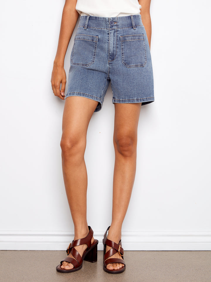 Stretch Denim Shorts With Patch Pockets