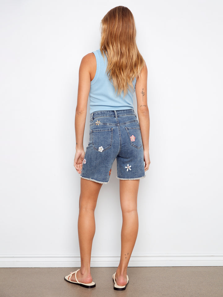 All Over Embroidered Stretch Denim Shorts