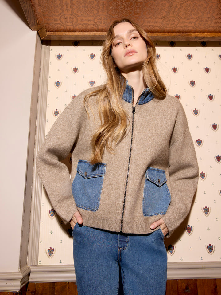 Long Sleeve Zipped Sweater Jacket With Denim Pockets & Collar