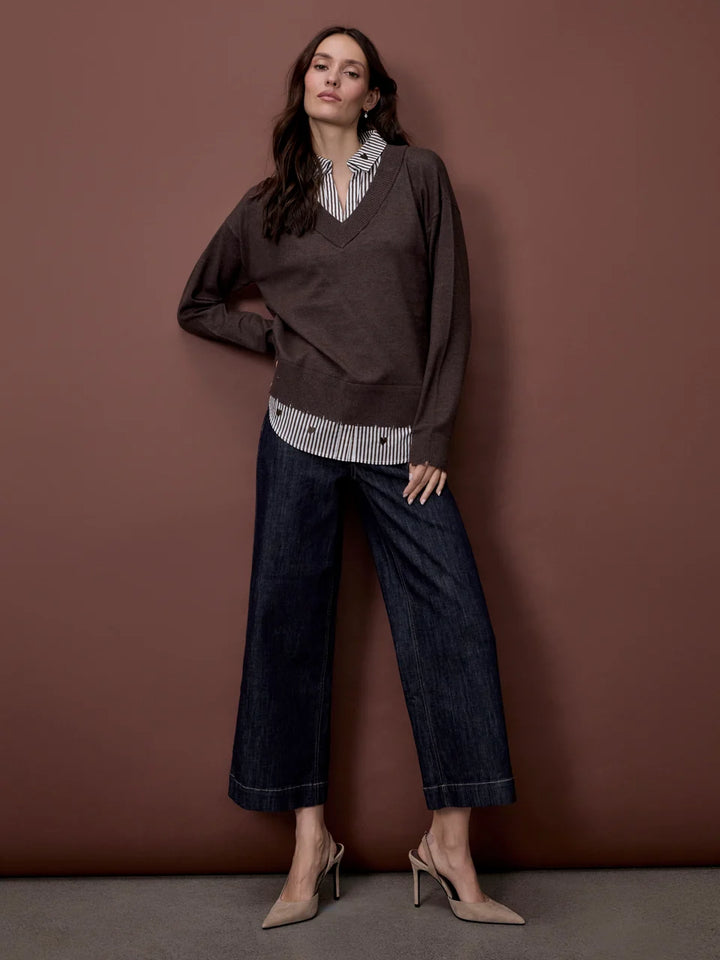 Long Sleeve V-Neck Fooler Sweater w/ Embroidered Striped Poplin Collar and Bottom Hem Pc