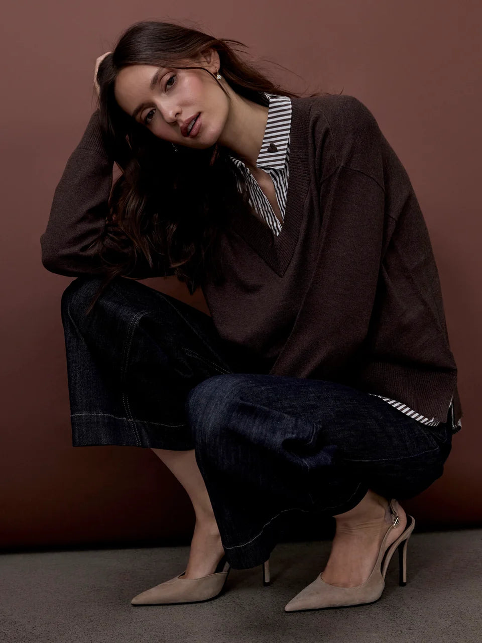 Long Sleeve V-Neck Fooler Sweater w/ Embroidered Striped Poplin Collar and Bottom Hem Pc