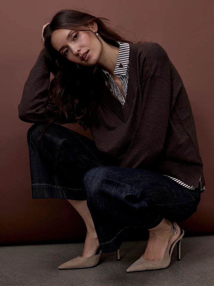 Long Sleeve V-Neck Fooler Sweater w/ Embroidered Striped Poplin Collar and Bottom Hem Pc