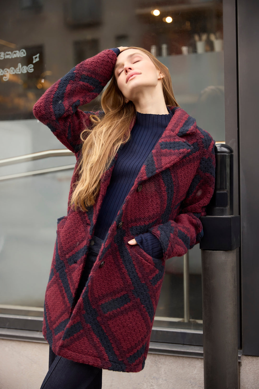 Boucle Button Front Long Jacket with Front Pockets