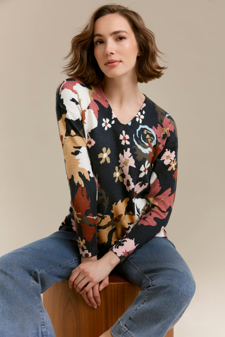 Long Sleeve Drop Shoulder Printed V-Neck Sweater